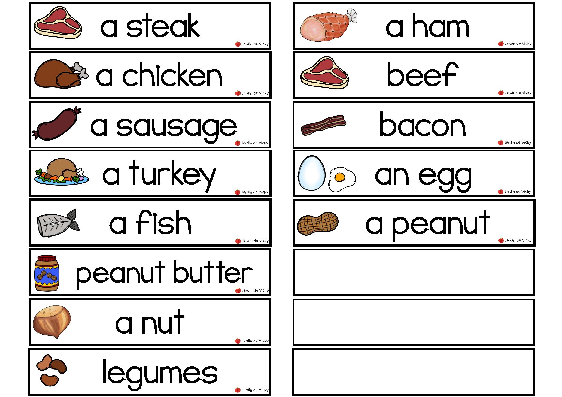 Anglais Motsétiquettes Les viandes et substituts Jardin de Vicky